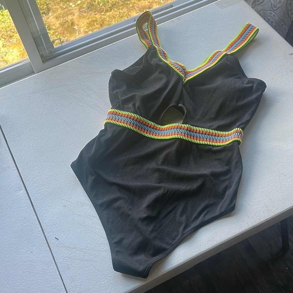 NWOT Black Swimsuit with Rainbow Tris size XL